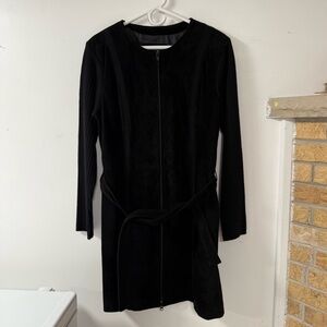 Black leather suede and knit trim zipper long sweater coat